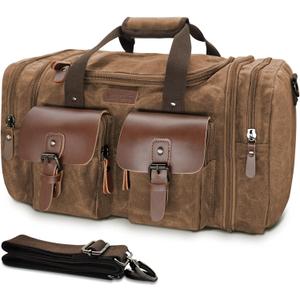 Wildroad Waxed Canvas Duffle Bag - 60L Waterproof Genuine Leather Weekender Overnight Travel Hand Bag