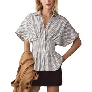 Dsewpaur Women Striped Button Pleated Shirts Short Sleeve Summer Casual Peplum Blouse White, 