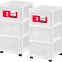 IRIS USA Plastic 3-Drawer Storage Organizer Rolling Cart, with Wheels Casters, 2-Pack, for Classroom Art Supplies Bathroom Dorm Bedroom Laundry Room, Slim Narrow, White/Clear