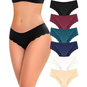 6 pack Seamless Underwear for Women Sexy Low Rise Hipster Wave Edge No Show Bikini Panties Womens Cheeky (M, Black+red+green+blue+white+beige)