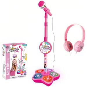 Kids Karaoke Microphone with Adjustable Stand,Standing Mic for Portable Singing, Retractable Headset for Music Sing-along,Flashing Stage Light Base for Aged 3-6 Boys Girls （Pink）