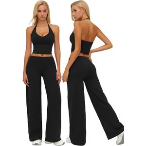 QBGJTD Womens Workout Sets Two Piece Spaghetti Straps Crop Top Matching Straight Leg Pants Gym Work Pilates Outfits (Medium, Halter Black)