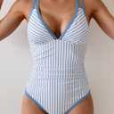 B2prity Women's One Piece Swimsuit Tummy Control Slimming Bathing Suit V Neck Neon Color Block Tie Back Swimwear (Blue, XL)