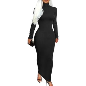 Memoriesea Women's Basic Turtleneck Long Sleeve Ribbed Bodycon Fall Slim Solid Maix Pencil Dress (Medium, Black)