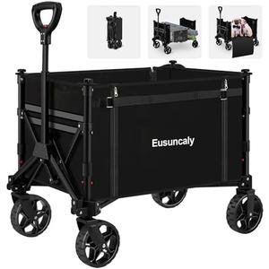 Eusuncaly Collapsible Wagon with Wheels, Wagons Carts Foldable, Heavy Duty Folding Utility Cart for Grocery, Camping, Shopping, Sports, Garden, Fishing, Black
