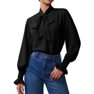 Neweek Chiffon Blouses for Women Bow Tie Neck Long Sleeve Dressy Casual Smocked Cuffed Shirts Office Work Blouse Elegant Tops (Large, Black)