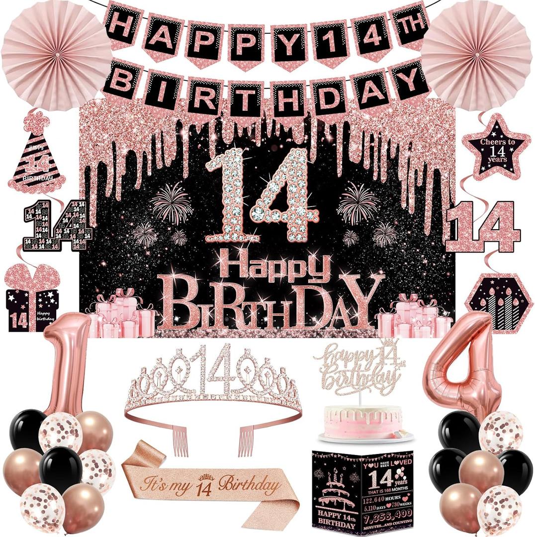 14th Birthday Decorations for Girls,32PCS 14th Birthday Party Decorations, Including Backdrop, Crown, Sash, banner, Hanging Swirl, balloons, Cake Topper, Paper Fans and Anniversary Card