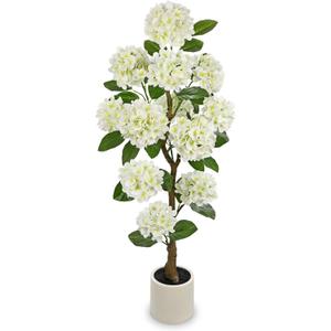 Hollyone 4FT White Hydrangea Artificial Flowers Tree Large Real Touch Faux Silk Hydrangea Plants Potted Fake Flower in White Pot for Home Indoor Outdoor Front Porch Garden Entrance Living Room Decor