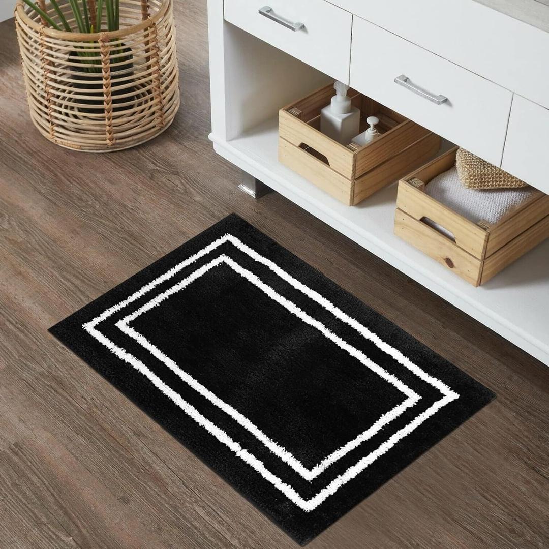 Uphome Bath Mat for Bathroom, 18x26 Modern Black Bathroom Rug Non Slip Machine Washable, Soft Plush Microfiber Absorbent Bathroom Mat for Tub, Shower, Floor, Sink