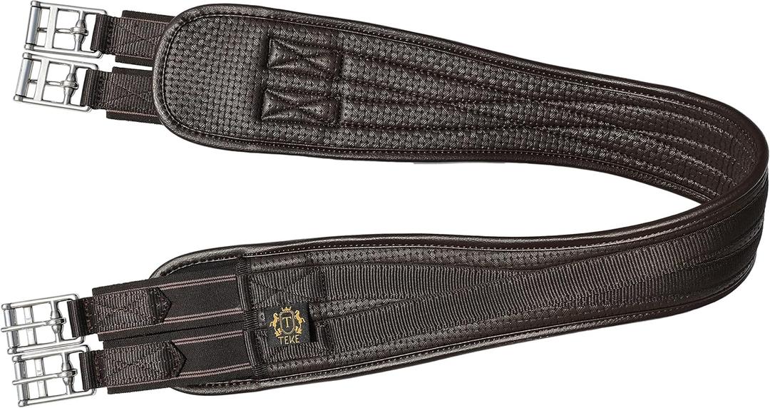 T TEKE Contoured Chafeless Girth for Horses, Airflow Waffle PVC Foam Construction with Double Side Heavy Duty Cotton Elastic and Stainless Steel Buckles (38"-56") (Brown)