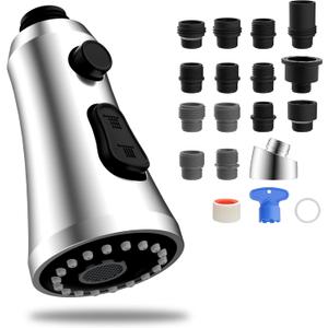 Hibbent Pull Down Kitchen Faucet Head Replacement, 3-Function Kitchen Sink Spray Nozzle with 15 Adapters, Compatible with Moen, American Standard, Delta, Kohler Faucets, Chrome (Shiny Silver)