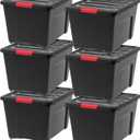 IRIS USA 54 Qt Stackable Plastic Storage Bins with Lids, 6 Pack - BPA-Free, Made in USA - Garage Organizing Solution, Latches, Durable Nestable Containers, Secure Pull Handle - Black