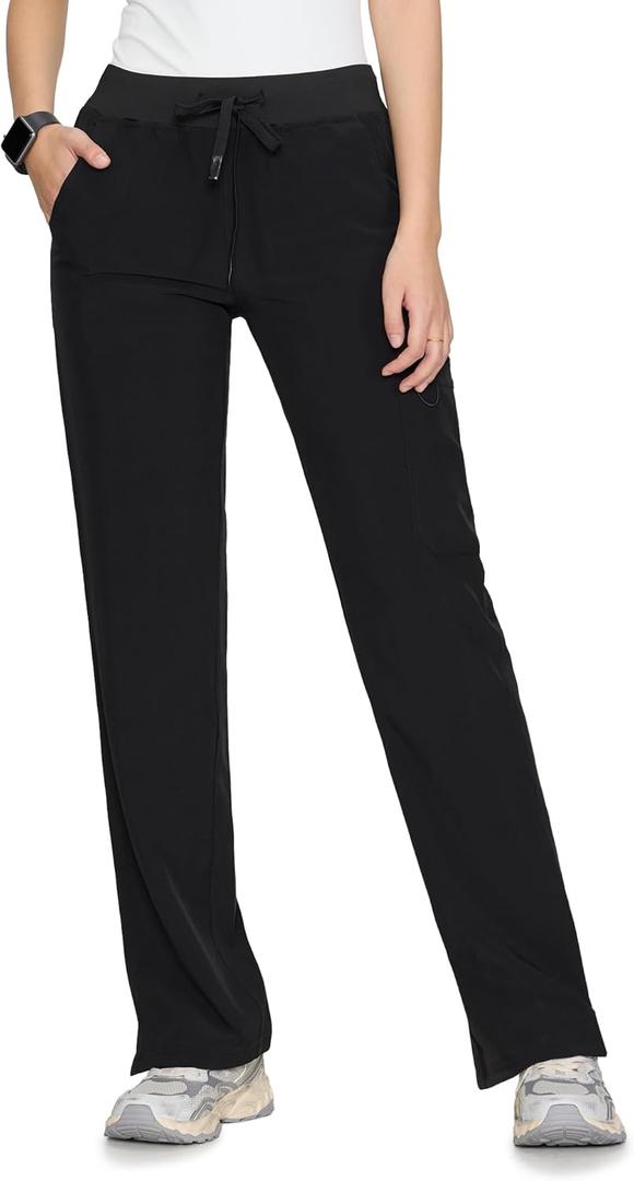 Women's Scrub Pants - Breathable & Soft Straight-Leg Pull-on Cargo Pant,Drawstring Bottoms with 3 Pockets (Medium, Black)