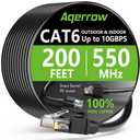 Aqerrow Outdoor Cat6 Ethernet Cable 200 FT, 24AWG 10Gbps Copper Long Cat6 Cable, 550MHz Direct Burial Waterproof LLDPE UV Jacket, LAN Patch Cord with 60 Ties Support POE Cat5e for PC Router - Black