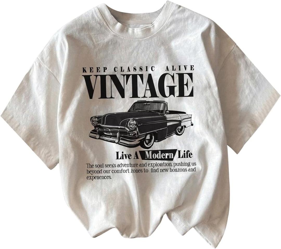 Women's Graphic Letter Tee Crew Neck Drop Shoulder Trendy Summer T Shirt Short Sleeve Vintage Car Print Top (XX-Small, White)