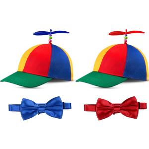 2 Pieces Adult Propeller Hat Helicopter Hat Rainbow Baseball Cap Funny Clown Hat and 2 Pieces Blue and Red Pre-Tied Bow Tie Adjustable Length Satin Bow Tie
