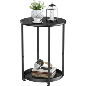 Small Round Side Table, 2 Tiers End Table, Black, 15.8 inches x 15.8 inches x 20 inches