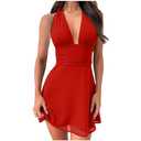 LCNBA Women's Halter V Neck Ruffled Hem Mesh Dress Ruched Flowy Mini Dress Red, Small