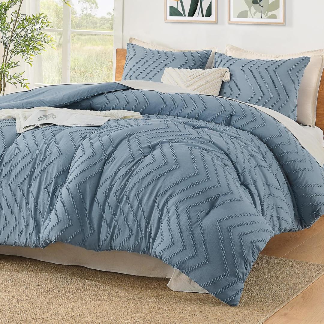 Litanika Comforter Oversized King Size Set Grayish Blue, 3 Pieces Chevron Tufted Bedding Comforter Sets, Fluffy Bed Set (Oversized King (120"x98"), 07 - Grayish Blue)
