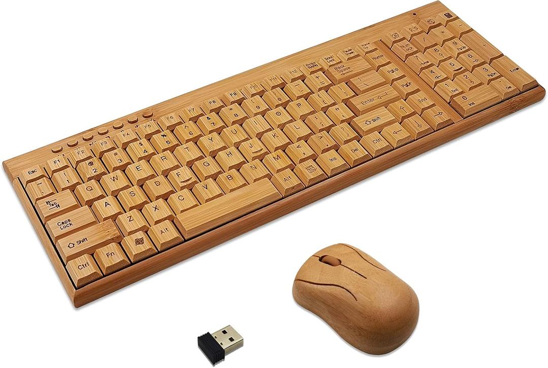 Smart Tech Handcrafted Natural Bamboo Wooden PC Wireless 2.4GHz Keyboard and Mouse Combo