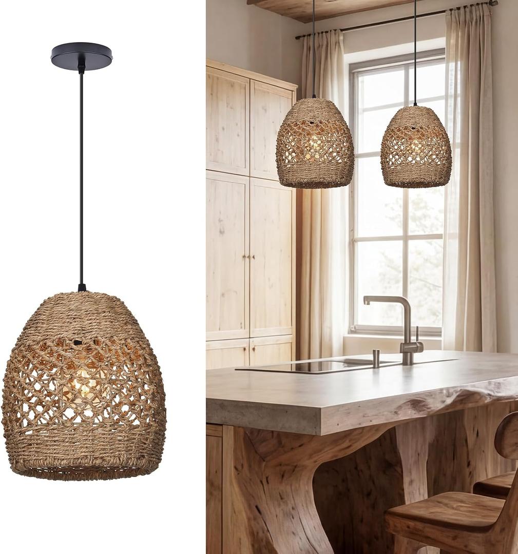 9.8" Mini Boho Rattan Chandelier Light Fixture, 1-Light Hand Woven Wicker Pendant Lights Kitchen Island Farmhouse Rustic Hanging Lamp for Dining Room, Bedroom, Nursery, Entryway, Foyer