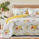 Floral Quilt Set 3 Pieces King Size White Orange Yellow Flower with Green Leaves Soft Microfiber Lightweight Summer Reversible Coverlet Bedspread for All Season -1 Quilt 102*88 + 2 Pillow Shams