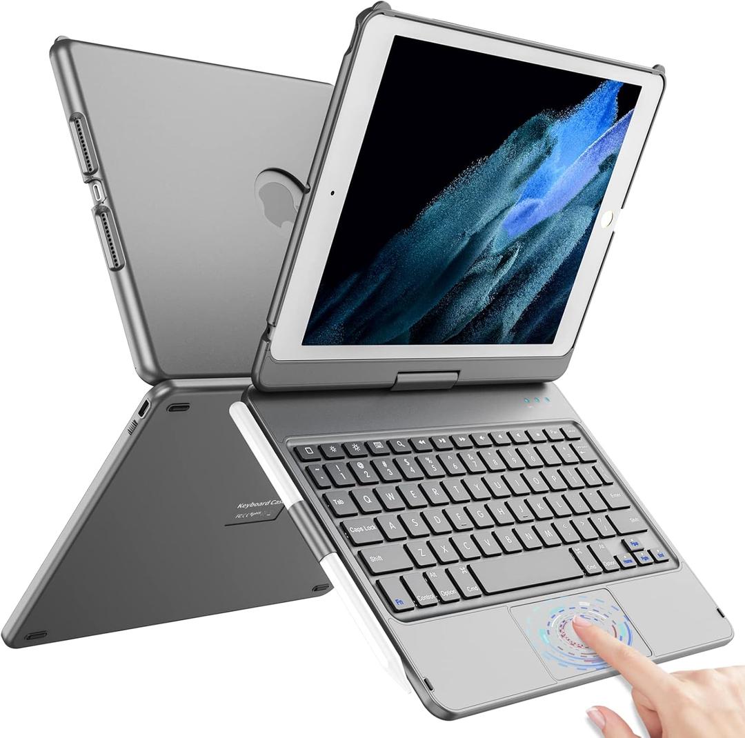 TQQ Touch for iPad 9th Generation Case with Keyboard (10.2", 2021), Multi-Touch Trackpad, 360 Rotatable Protective Cover for iPad Keyboard 9th/8th/7th Gen with Pencil Holder (Gray)