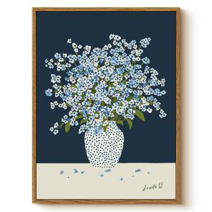 WHASAYART Vintage Framed Floral Wall Art 16x24 Blue White Starry Print