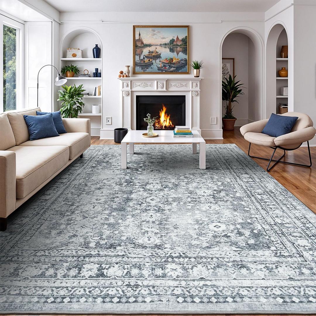 Lessymo 8x10 Area Rugs for Living Room, Machine Washable Non Slip Large Rug, Soft Low Pile Carpet for Bedroom Dining Office, Vintage Grey/White Distressed Floral Floor Decor