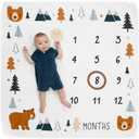 Pondering Pine Organic Baby Monthly Milestone Blanket Boy - Growth Age Blanket for 1-12 Months Milestones with Month Marker Frame and Newborn Announcement Disc, Woodland, Bear, 47”x47”