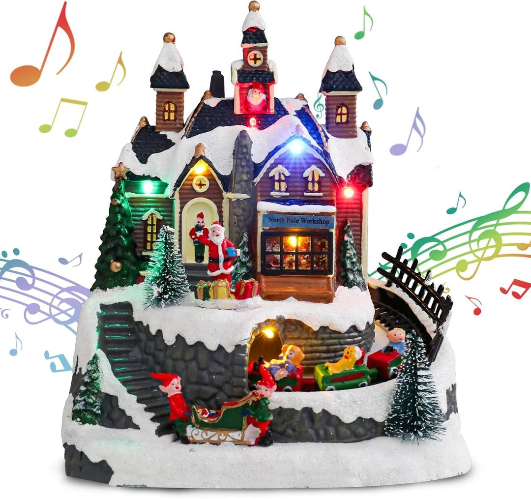 Bshine Christmas Village Houses Musical Christmas Village Building with Santa Claus&Moving Train Battery Operate Polyresin Figurines with LED Lights for Indoor Christmas Decor
