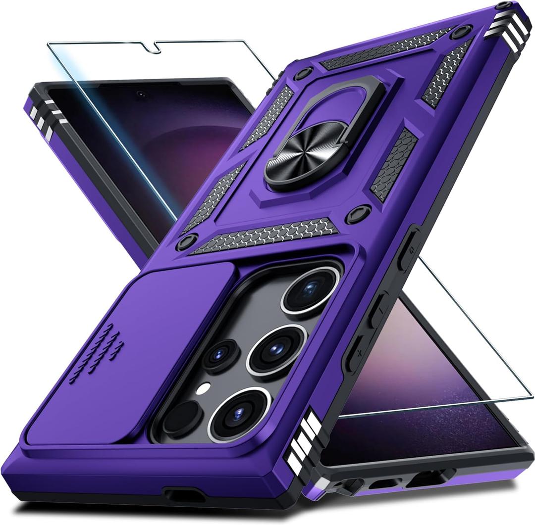 Janmitta Compatible with Samsung Galaxy S25 Ultra Case Built in Slide Camera Lens Cover+Screen Protector+Finger Ring Holder Kickstand,Heavy Duty Shockproof Full Body Phone Cover,2025 Purple