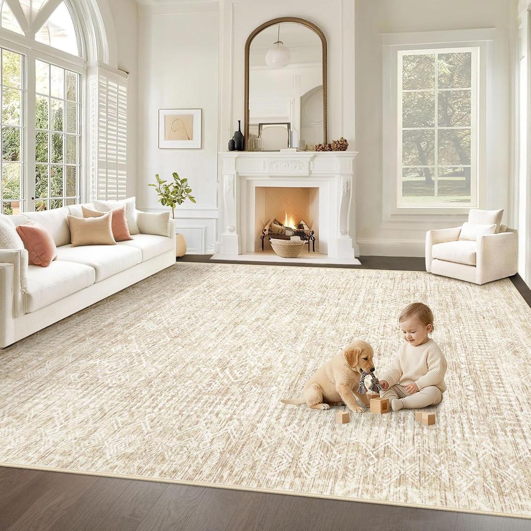 Living Room Rugs 9x12: Washable Moroccan Geometric Boho Rug Farmhouse Non Slip Stain Resistant Large Rug Low Pile Soft Carpet for Bedroom Dining Room Children Room (Beige,9'x12')