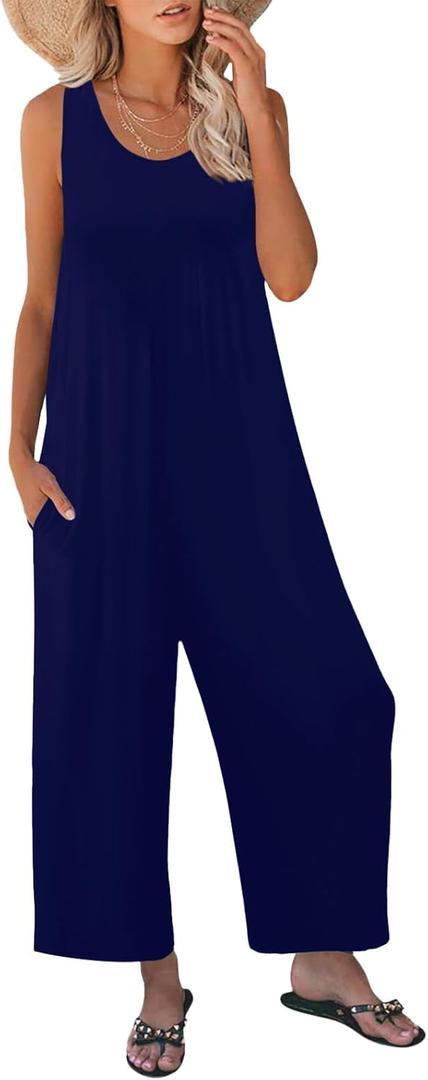 Women's Summer Casual Loose Tank Jumpsuit Sleeveless Crewneck Long Pants Jumpsuit Romper with Pockets (Large, Dark Blue)