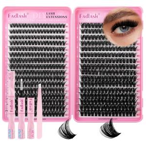 FADLASH Lash Clusters Kit 80D+100D Eyelash Clusters Natural D Curl Cluster Eyelash Extensions 10-18mm Fluffy Lashes with Lash Bond and Seal Lash Tweezer DIY at Home (80D+100D, Kit)