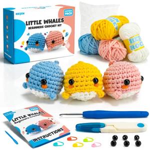 HEJIN Beginner Crochet Kit, Crochet Kits for Kids and Adults, 3PCS Crochet Animal Kit for Beginners Include Videos Tutorials, Yarn, Eyes, Stuffing, Crochet Hook - Boys and Girls Birthdays Gift