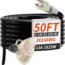 50 ft 16/3 awg 3 Outlet Extension Cord Splitter with Indicator, Waterproof Outdoor Extension Cord with Multiple Outlets, 13A 1625W for Home & Workshop, ETL Listed, Black SJTW