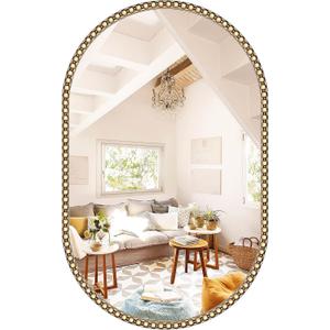 Gold Oval Mirror for Bathroom, 20"x33" Beaded Antique Brass Mirror for Wall Decorated, Champagne Bronze Vintage Vanity Mirrors for Bedroom Living Room Hallway Fireplace