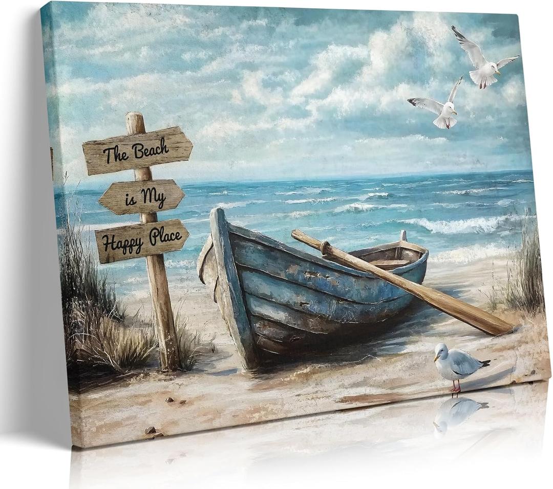 BHSUUHIT Nautical Boat on Beach Wall Art Coastal Painting Wall Decor Ocean Seagull Seascape Canvas Posters Sea Bird Farmhouse Prints pictures for Seashore Bathroom Bedroom Living Room(16x12in Canvas)