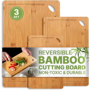 Wood Cutting Boards Set of 3 – Non-Toxic Bamboo Chopping Boards for Kitchen with Deep Juice Grooves – Durable, Eco-Friendly Wooden Serving Boards for Meat, Vegetables & Fruit