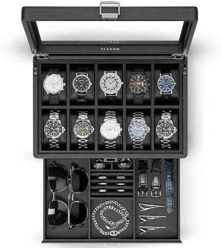 Vlando Watch Box 10 Slots, Lockable Watch Case with Textured Leather, 2 Layer Watch Holder for Rings, Glasses, Mens Jewelry Box with Glass Lid, Removable Divider, Gifts for Father, Husband, Black