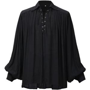 GRACEART Pirate Shirt Men Vampire Renaissance Shirts Victorian Ruffled Medieval Costume Cotton Linen Shirt (Medium, Black)