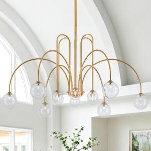12-Light Large Sputnik Chandelier Light Fixture, L52’’ Modern Gold Chandelier High Ceiling Clear Glass Globe Pendant Light Fixture for Foyer Staircase Living Room