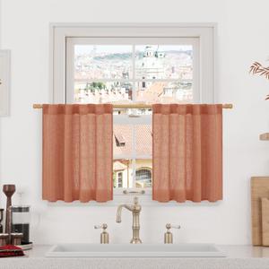 LAMIT Terracotta Semi Sheer Linen Curtains 24 Inch Long, Light Filtering Panels Back Tab and Rod Pocket Neutral Drapes for Cafe/Bathroom/Small Window, 2 Panels, 34 x 24 Inch (34"W x 24"L (Pack of 2))
