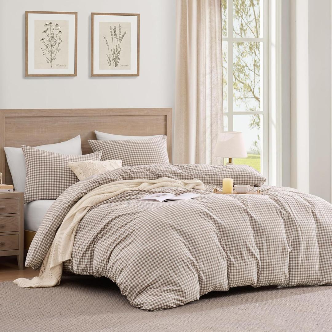 Andency Tan Gingham Duvet Cover King, 100% Wash Cotton Linen Like Textured Breathable Comforter Cover Set, 3 Piece Brown Classic Yarn-Dyed Checkered Plaid Bedding Set, 104"*90"