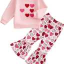 Toddler Baby Girl Valentines Outfit Love Heart Crew Neck Long Sleeve Sweatshirt and Flared Pants 2 Pcs Set (Pink)