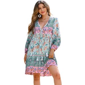 R.Vivimos Womens Long Sleeve Floral Casual Print Cotton Mini Tunic Dress (Green, M)