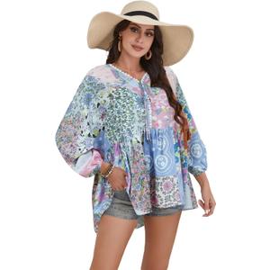 Women Boho V-Neck 3/4 Sleeves Tunic Top Relaxed Fit Casual Print Blouse (Medium, Pink Pattern)