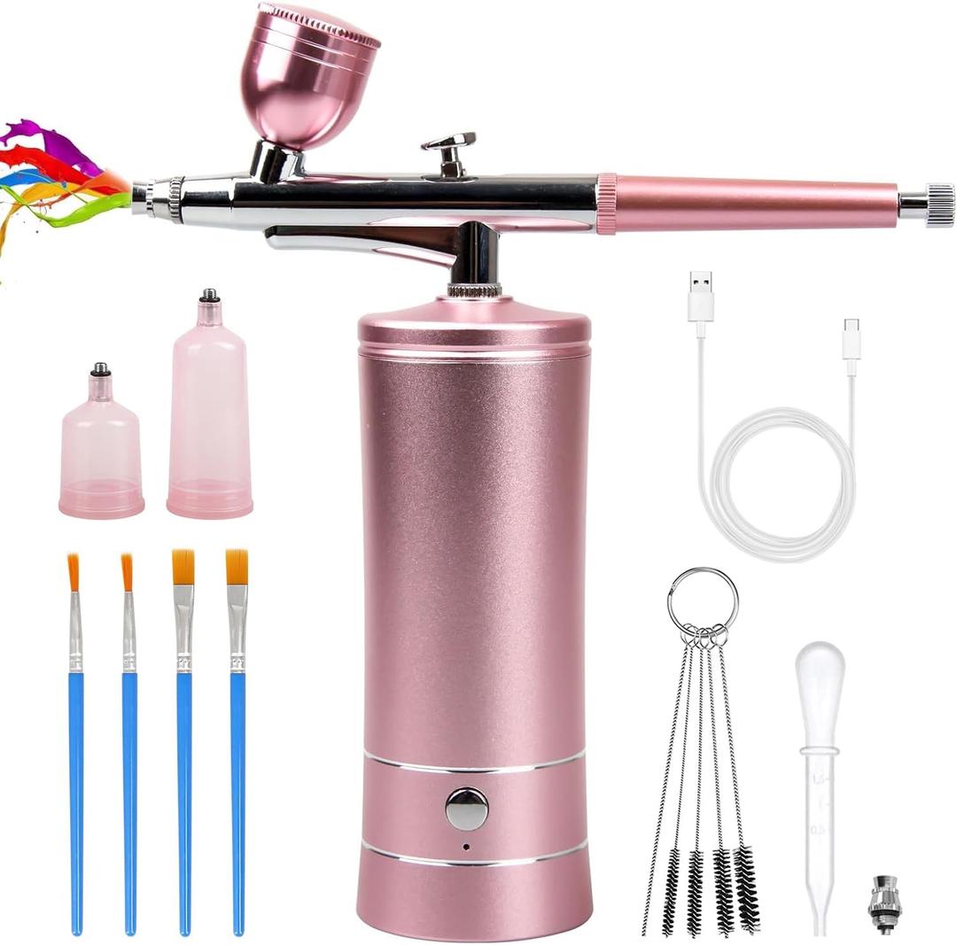 Airbrush-Kit Rechargeable Cordless Airbrush Compressor -Auto Handheld Airbrush Gun, Airbrush Set Portable Wireless Air Brush for Barber, Nail Art, Cake Decor, Makeup, Model Painting (Pink)