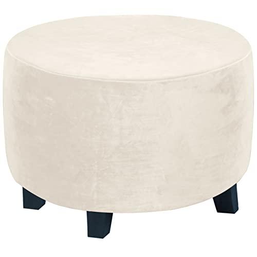 H.VERSAILTEX Ottoman Covers - Round Ottoman Slipcover, Footstool Protector, Storage Stool Covers - Stretch with Elastic Bottom, Real Velvet Plush Fabric (X-Large, Ivory)